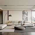 Modern Living Room Interior Featuring Beige Sectional Sofa Coffee Table Floor Lamp Rug And Artwork