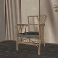 Wicker Leisure Chair with Armrests Soft Cushions Wooden Wall and Floor Green Plant