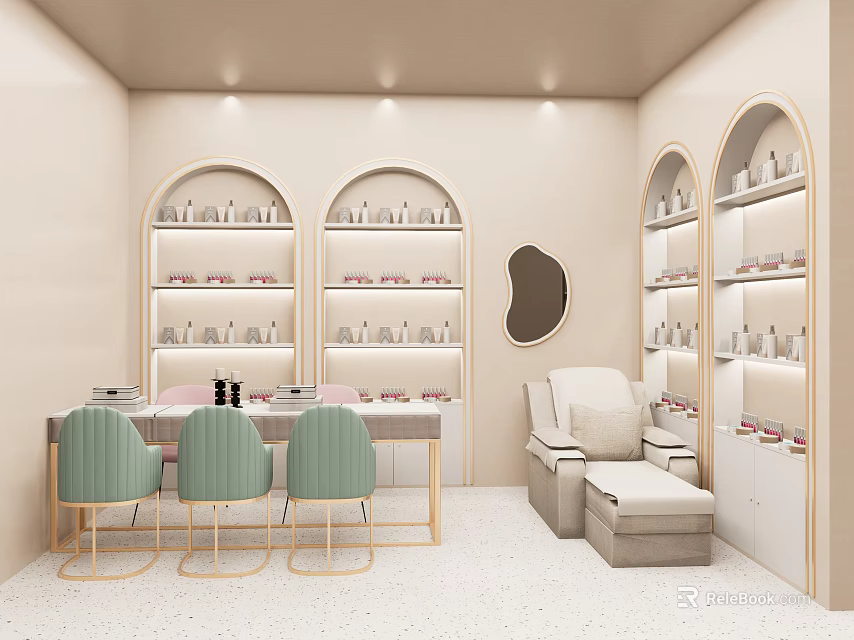 Beauty Salon Interior Design With Light Green Chairs Arched Shelves Mirror And Displayed Beauty Products 3d model 