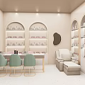 Beauty Salon Interior Design With Light Green Chairs Arched Shelves Mirror And Displayed Beauty Products