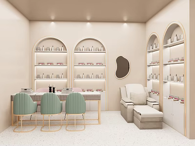 Beauty Salon Interior Design With Light Green Chairs Arched Shelves Mirror And Displayed Beauty Products 3d model