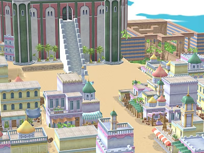 Cartoon Scene of Colorful Buildings With Domes Staircase Palm Trees and Market Stalls 3d model