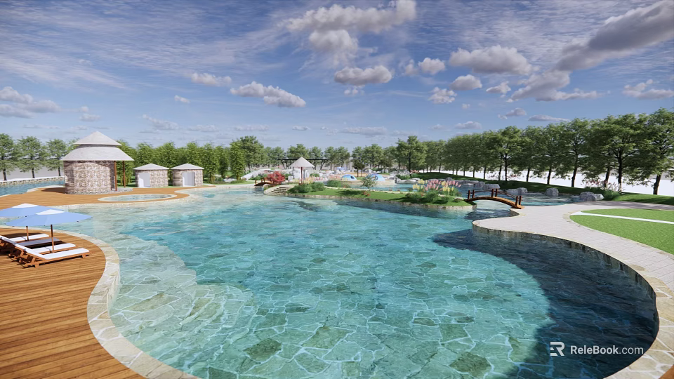 Spacious Resort Swimming Pool Area With Clear Blue Water Surrounding Pavilions And Green Trees 3d model 