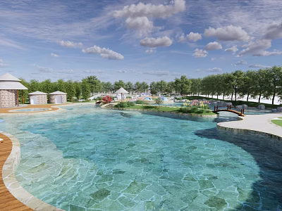 Spacious Resort Swimming Pool Area With Clear Blue Water Surrounding Pavilions And Green Trees 3d model