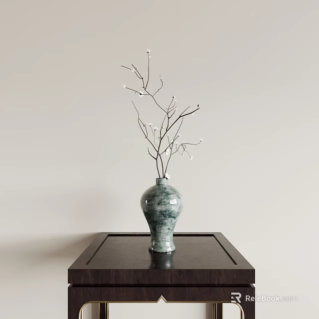 Green Ceramic Vase with White Blossom Branches on Dark Wooden Table against Light Colored Wall 3d model 