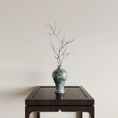 Green Ceramic Vase with White Blossom Branches on Dark Wooden Table against Light Colored Wall 3d model