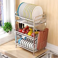 Practical Kitchen Interior With Stainless Steel Dish Rack Plates Fresh Fruits Wooden Countertop And Cabinets