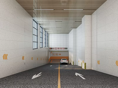 Spacious Parking Lot Interior With White Walls Windows Directional Arrows Yellow Lines And White Car 3d model