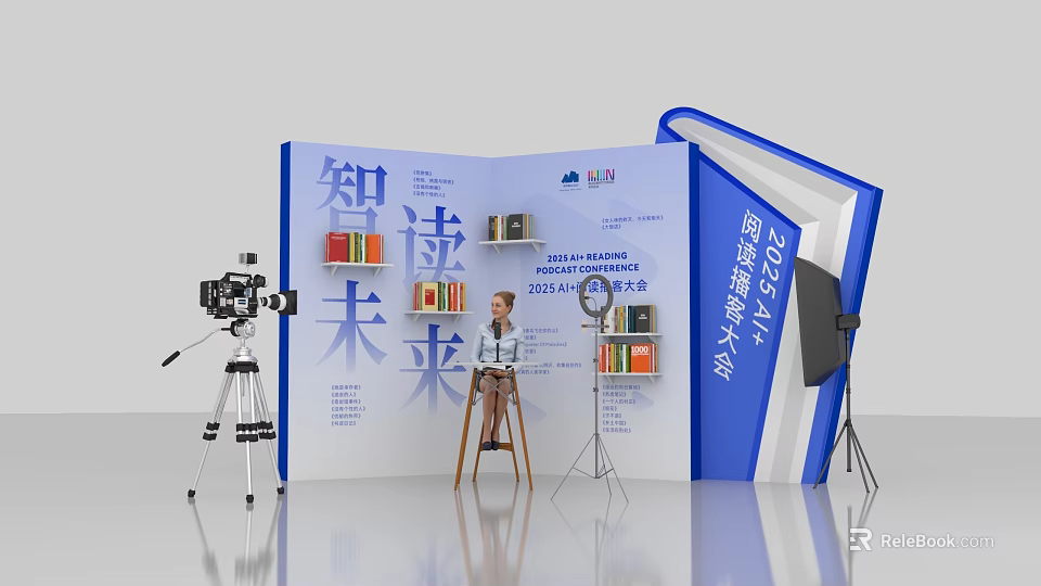 2025 International Reading Conference Photo Spot Featuring Blue Backdrop Bookshelf Books and Camera 3d model 