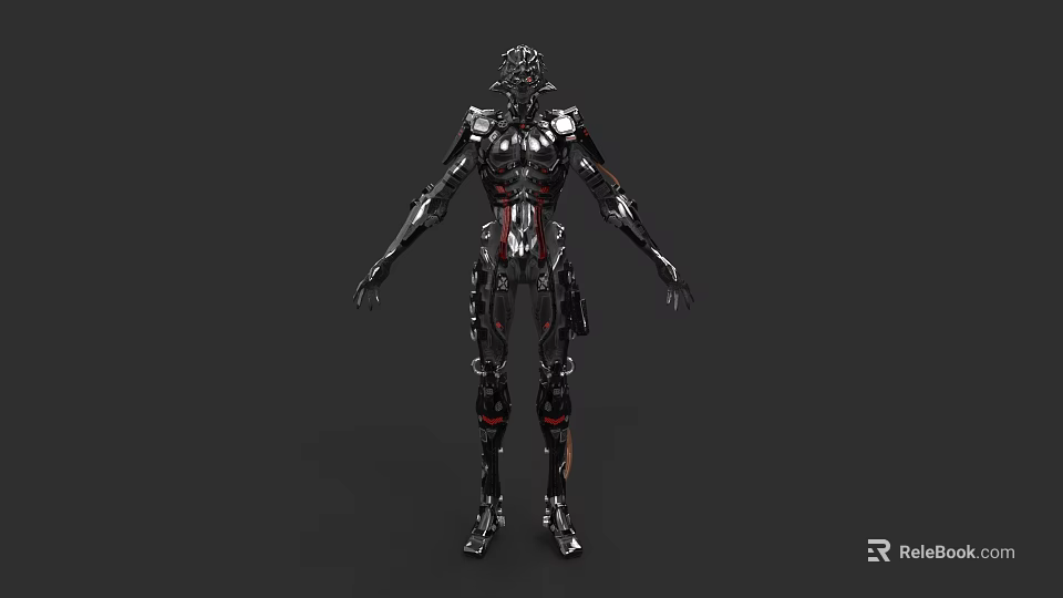 Futuristic Game And Movie Character With Mechanical Black Red Metallic Body 3d model 