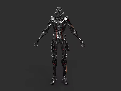 Futuristic Game And Movie Character With Mechanical Black Red Metallic Body 3d model