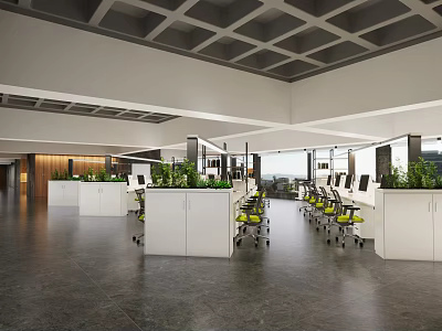 Contemporary Public Office Space Featuring Open Workstations Green Plants Ergonomic Chairs And Natural Lighting 3d model