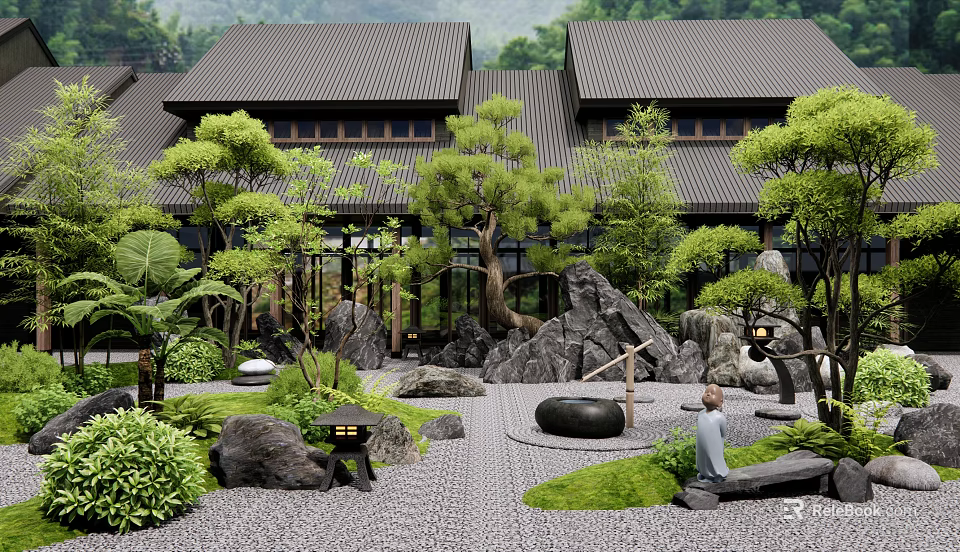 Japanese Garden Courtyard With Rock Formations Lush Green Plants And Gravel Pathway 3d model 