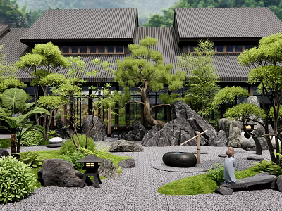 Japanese Garden Courtyard With Rock Formations Lush Green Plants And Gravel Pathway 3d model