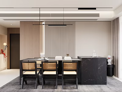 Modern Restaurant Interior With Black Marble Dining Table Dark Chairs Wooden Striped Wall And Pendant Lights 3d model