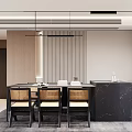 Modern Restaurant Interior With Black Marble Dining Table Dark Chairs Wooden Striped Wall And Pendant Lights