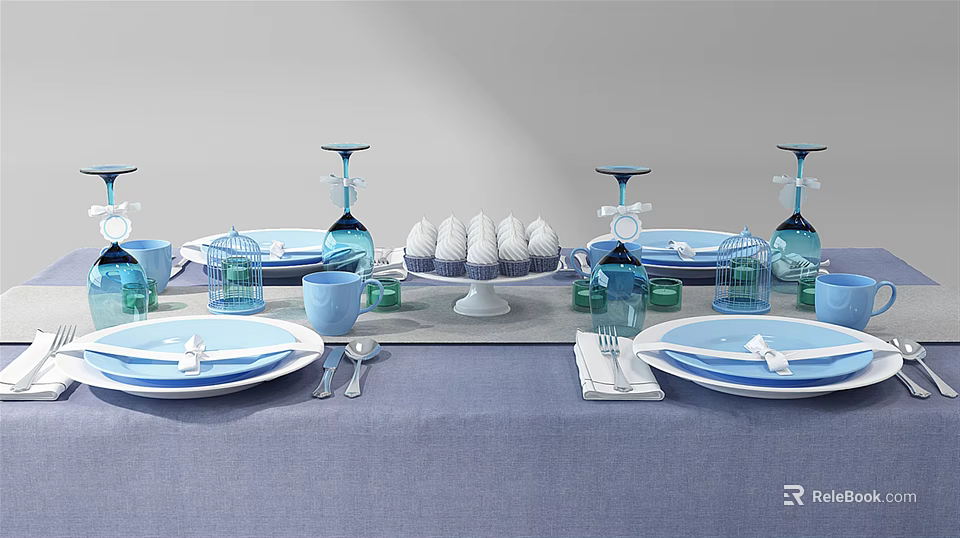 Elegant Blue and White Dinnerware Set with Plates Cups Goblets Napkins Cake Stand 3d model 