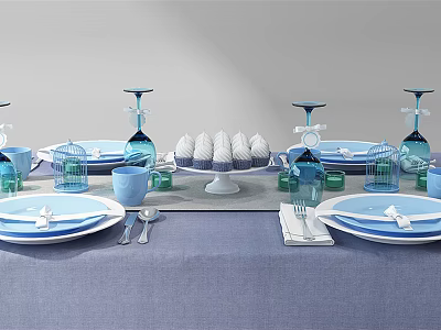 Elegant Blue and White Dinnerware Set with Plates Cups Goblets Napkins Cake Stand 3d model