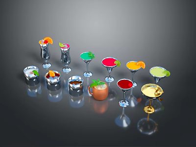 Variety Of Colorful Cocktail Glasses Decorated With Citrus Slices And Mint Leaves 3d model
