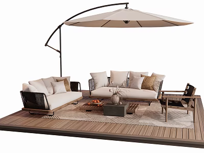 Relaxing Outdoor Sofa Area With Wooden Deck Umbrella Coffee Table And Pillows 3d model