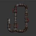 Rusty Industrial Pipes With Red Valve Handles And Curved Metal Structure