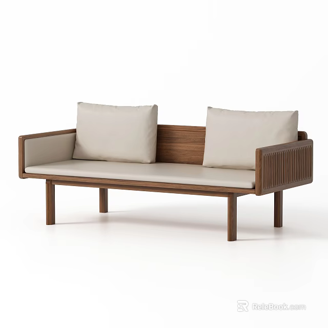 Wooden Daybed With Beige Cushions Vertical Slat Armrests And Light Colored Seat Pad 3d model 