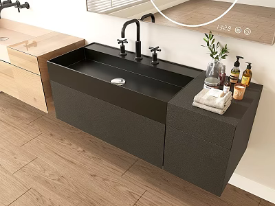Modern Black Bathroom Vanity With Double Faucet Toiletries Small Plant And Round Mirror 3d model
