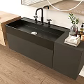Modern Black Bathroom Vanity With Double Faucet Toiletries Small Plant And Round Mirror