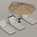 Comfortable Outdoor Lounge Chairs with Wooden Frame Beige Cushions Folded Towels Umbrella and Side Table