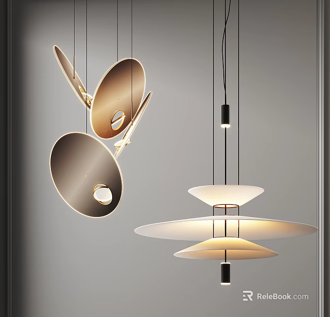 Modern Pendant Lights with Metallic Circular Discs and White Multi Tiered Shades in Contemporary Design 3d model 