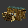 Cartoon Wooden Cabin Scene With Blue Roof And Stacked Wooden Logs