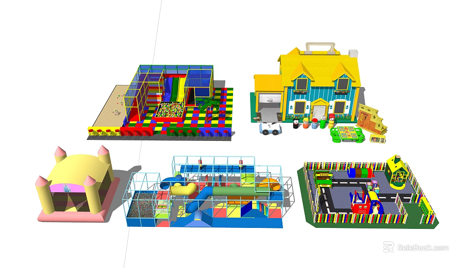 Colorful Playground Equipment With Inflatable Castles Trampolines And Kids Playhouses 3d model 