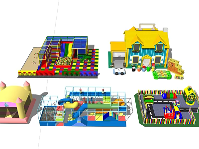 Colorful Playground Equipment With Inflatable Castles Trampolines And Kids Playhouses 3d model