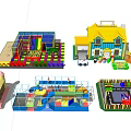 Colorful Playground Equipment With Inflatable Castles Trampolines And Kids Playhouses