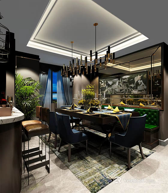Elegant Restaurant Interior With Chandelier Dining Table Blue Chairs Green Upholstery And Decorative Paintings 3d model 