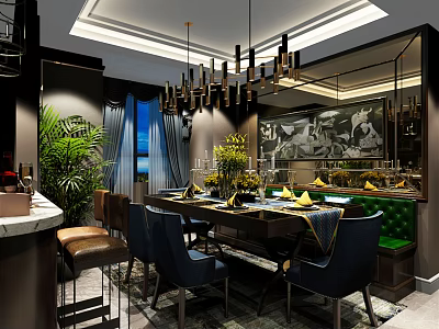 Elegant Restaurant Interior With Chandelier Dining Table Blue Chairs Green Upholstery And Decorative Paintings 3d model
