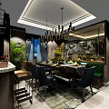 Elegant Restaurant Interior With Chandelier Dining Table Blue Chairs Green Upholstery And Decorative Paintings