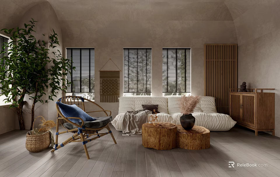 Natural Living Room Interior Design With Rattan Chair White Sofa Wooden Coffee Tables Bamboo Screen 3d model 