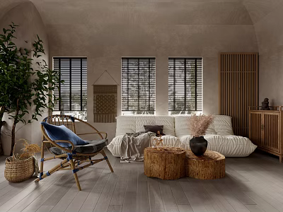 Natural Living Room Interior Design With Rattan Chair White Sofa Wooden Coffee Tables Bamboo Screen 3d model