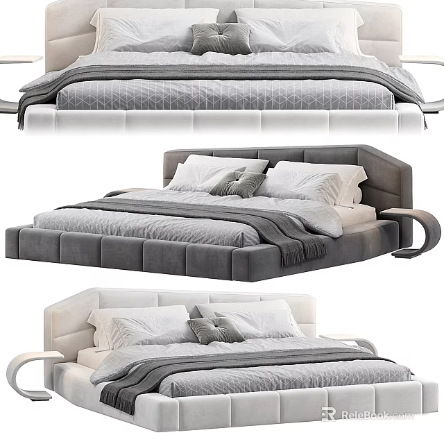Modern Double Bed With Upholstered Headboard Plush Pillows And Soft Bedding 3d model 