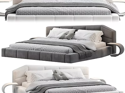 Modern Double Bed With Upholstered Headboard Plush Pillows And Soft Bedding 3d model