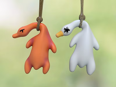 Cute Two Orange And White Duck Shaped Hanging Ornament With Black And Orange Beaks 3d model