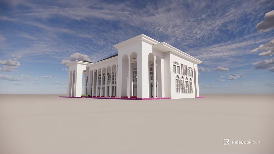 Detached Villa With White Exterior Arched Portico Columns And Pink Steps Under Blue Sky 3d model 