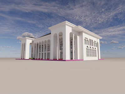 Detached Villa With White Exterior Arched Portico Columns And Pink Steps Under Blue Sky 3d model