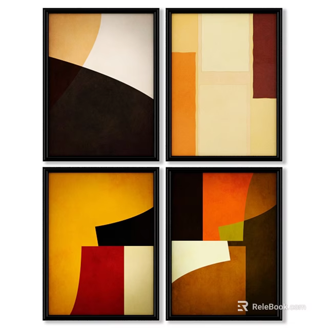Four Black Framed Abstract Geometric Artworks With Colorful Blocks For Wall Decoration 3d model 