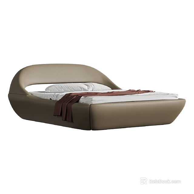 Modern Double Bed With Curved Headboard Beige Leather White Pillows And Soft Blanket 3d model 