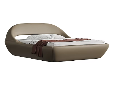 Modern Double Bed With Curved Headboard Beige Leather White Pillows And Soft Blanket 3d model