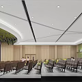 Spacious Conference Room Interior With Yellow Seats Hanging Lights Green Backdrop And Wooden Panel Walls