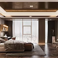 Modern Elegant Bedroom Interior Design With Wooden Walls Dark Ceiling And Geometric Floor