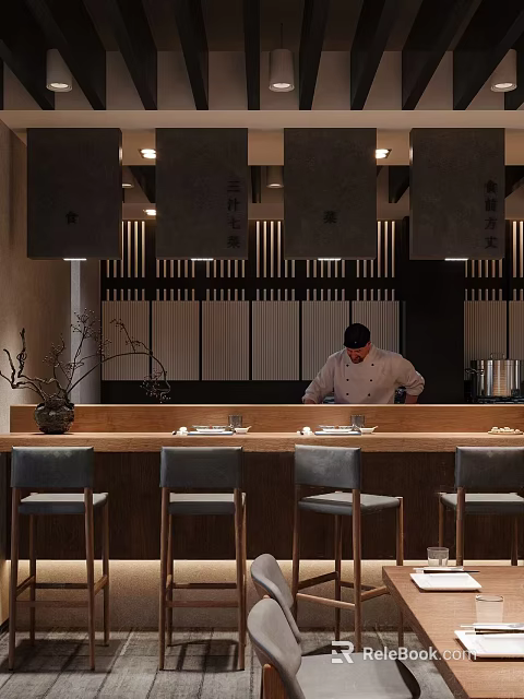 Traditional Japanese Restaurant Featuring Chef At Wooden Counter With Gray Chairs And Decorative Screens 3d model 